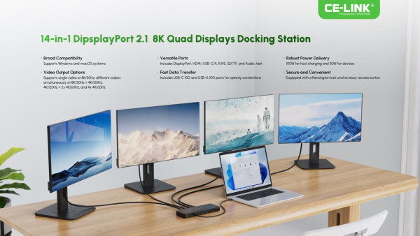 CE-LINK Launches 14-in-1 DisplayPort 2.1 8K Quad Displays Docking Station