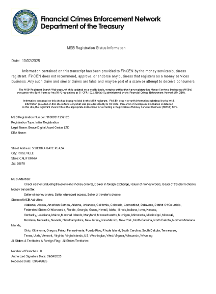 Beuce Digital Asset Center Secures U.S. FinCEN MSB License, Strengthening Global Compliance Framework