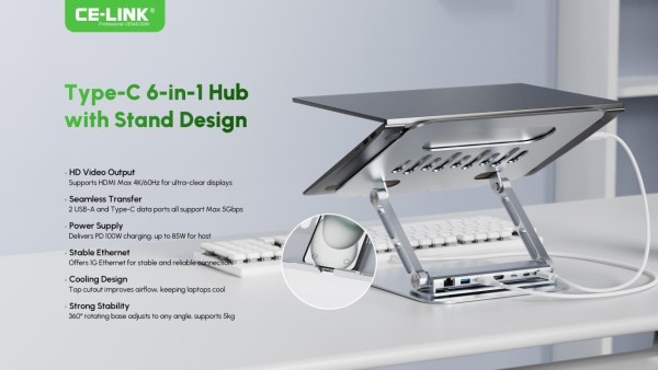 CE-LINK Launches Type-C 6-in-1 Hub with Stand Design – A Smart Connectivity Solution for Modern Workflows