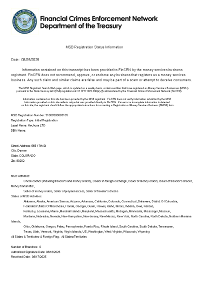 Hechosa Exchange Secures U.S. FinCEN MSB License, Strengthening Global Compliance Framework