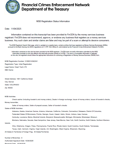 Ctoph Exchange Secures U.S. FinCEN MSB License, Advancing Its Global Compliance and Regulatory Strategy