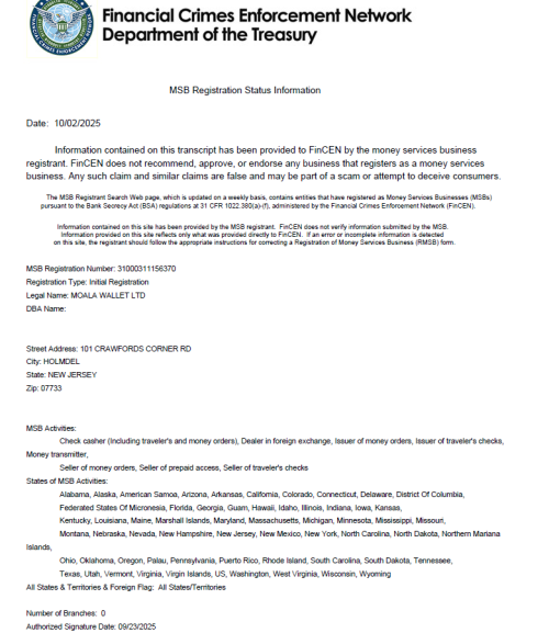 MOALA WALLET Exchange Obtains U.S. FinCEN MSB Registration, Advancing Its Global Compliance Strategy