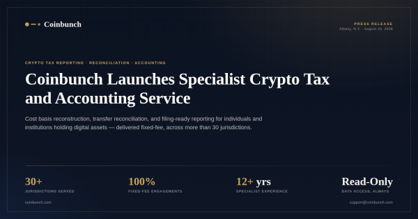 Coinbunch Launches Specialist Crypto Tax Reporting and Accounting Service for Individuals and Institutions